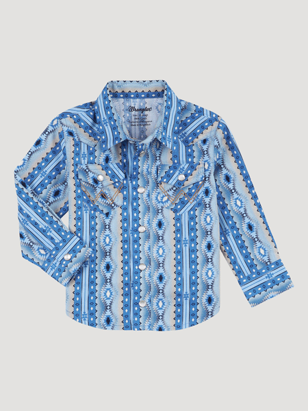 Wrangler 112317699 Baby Boy Shirt Bright Blue/Grey front view. If you need any assistance with this item or the purchase of this item please call us at five six one seven four eight eight eight zero one Monday through Saturday 10:00a.m EST to 8:00 p.m EST