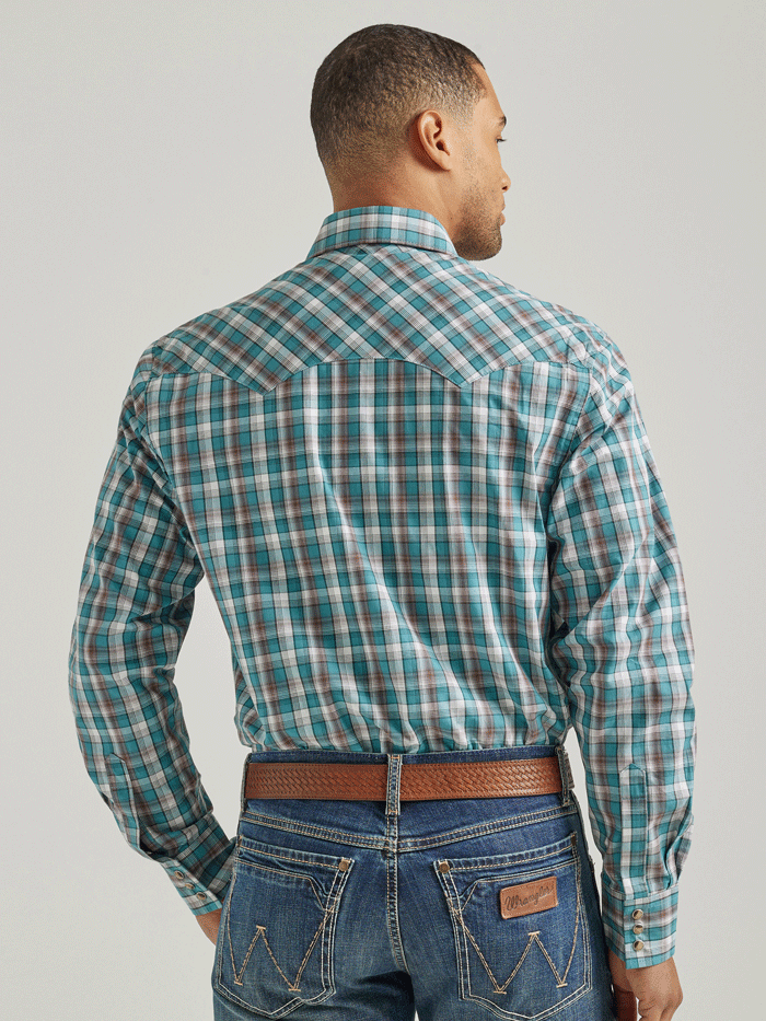 Wrangler 112337393 Mens Long Sleeve Retro Plaid Shirt Teal front view. If you need any assistance with this item or the purchase of this item please call us at five six one seven four eight eight eight zero one Monday through Saturday 10:00a.m EST to 8:00 p.m EST