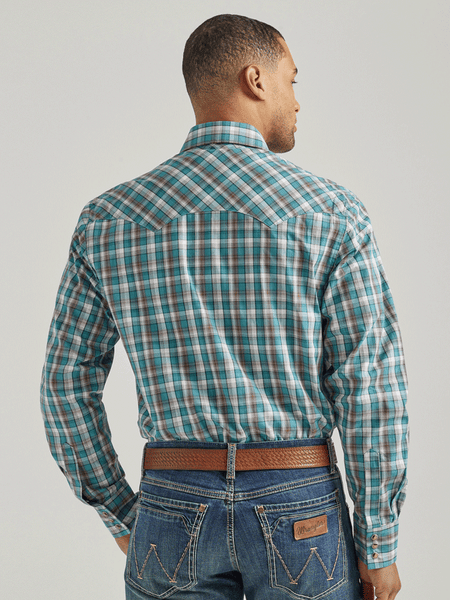 Wrangler 112337393 Mens Long Sleeve Retro Plaid Shirt Teal back view. If you need any assistance with this item or the purchase of this item please call us at five six one seven four eight eight eight zero one Monday through Saturday 10:00a.m EST to 8:00 p.m EST