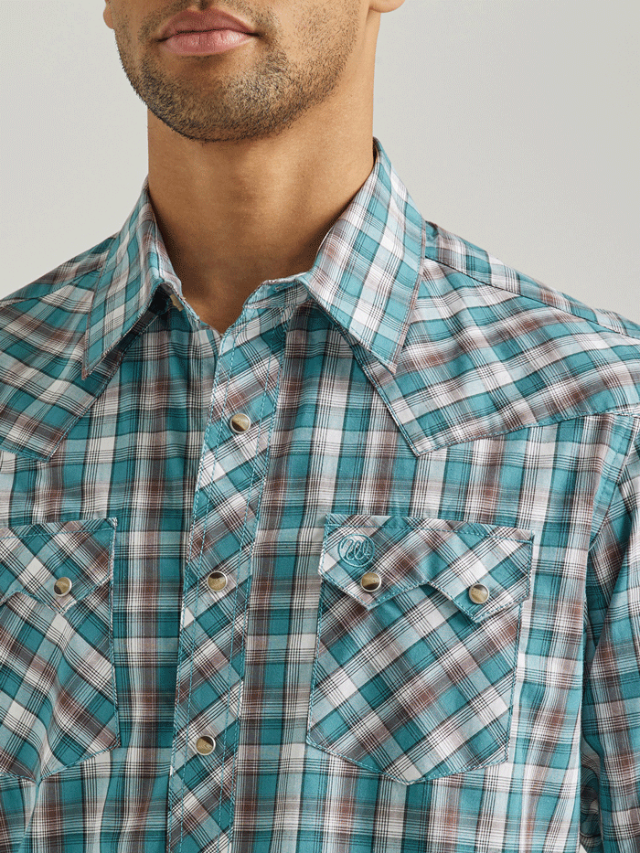 Wrangler 112337393 Mens Long Sleeve Retro Plaid Shirt Teal front view. If you need any assistance with this item or the purchase of this item please call us at five six one seven four eight eight eight zero one Monday through Saturday 10:00a.m EST to 8:00 p.m EST