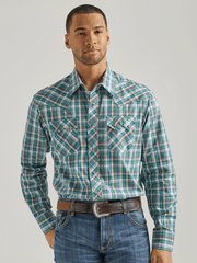 Wrangler 112337393 Mens Long Sleeve Retro Plaid Shirt Teal front view. If you need any assistance with this item or the purchase of this item please call us at five six one seven four eight eight eight zero one Monday through Saturday 10:00a.m EST to 8:00 p.m EST