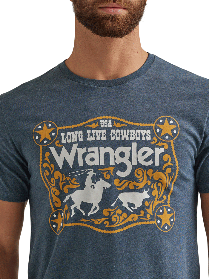 Wrangler 112344111 Mens Long Live Cowboys Graphic T-Shirt Midnight Navy Heather front view. If you need any assistance with this item or the purchase of this item please call us at five six one seven four eight eight eight zero one Monday through Saturday 10:00a.m EST to 8:00 p.m EST