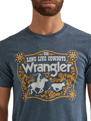 Wrangler 112344111 Mens Long Live Cowboys Graphic T-Shirt Midnight Navy Heather front graphic close up. If you need any assistance with this item or the purchase of this item please call us at five six one seven four eight eight eight zero one Monday through Saturday 10:00a.m EST to 8:00 p.m EST