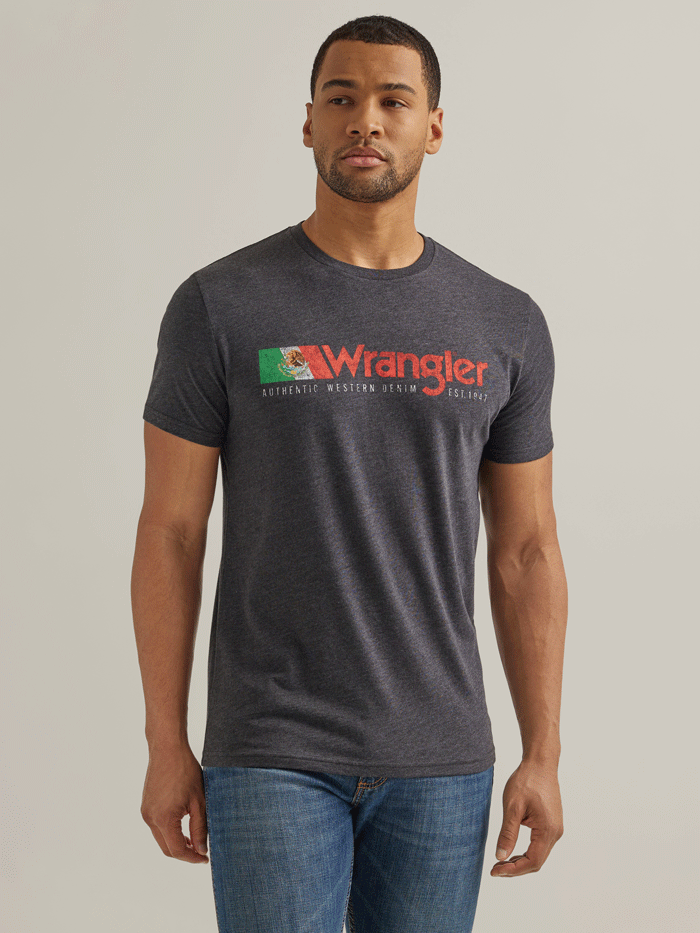Wrangler 112344124 Mens Mexico Authentic Graphic T-Shirt Caviar Heather front view. If you need any assistance with this item or the purchase of this item please call us at five six one seven four eight eight eight zero one Monday through Saturday 10:00a.m EST to 8:00 p.m EST