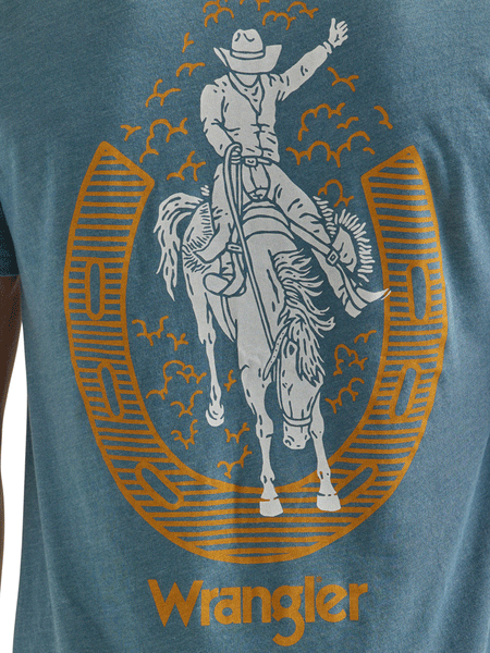 Wrangler 112344148 Mens Cowboy Horseshoe Graphic T-Shirt Medium Blue Heather close up of back graphic. If you need any assistance with this item or the purchase of this item please call us at five six one seven four eight eight eight zero one Monday through Saturday 10:00a.m EST to 8:00 p.m EST