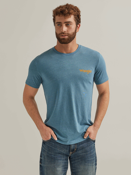 Wrangler 112344148 Mens Cowboy Horseshoe Graphic T-Shirt Medium Blue Heather front view. If you need any assistance with this item or the purchase of this item please call us at five six one seven four eight eight eight zero one Monday through Saturday 10:00a.m EST to 8:00 p.m EST