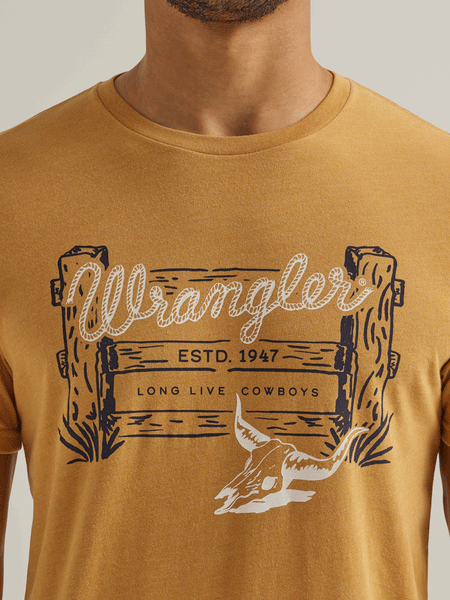 Wrangler 112344156 Mens Cowboy Ranch Graphic T-Shirt Pale Gold Heather close up of front graphic. If you need any assistance with this item or the purchase of this item please call us at five six one seven four eight eight eight zero one Monday through Saturday 10:00a.m EST to 8:00 p.m EST