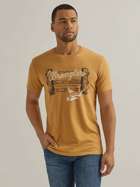 Wrangler 112344156 Mens Cowboy Ranch Graphic T-Shirt Pale Gold Heather front view. If you need any assistance with this item or the purchase of this item please call us at five six one seven four eight eight eight zero one Monday through Saturday 10:00a.m EST to 8:00 p.m EST