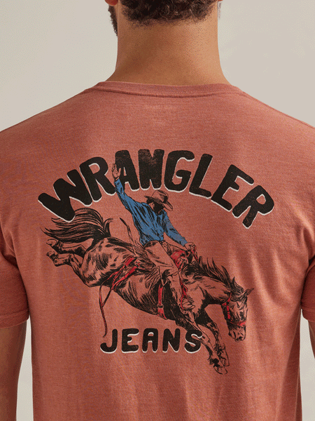 Wrangler 112344157 Mens Cowboy Jeans Graphic T-Shirt Redwood Heather close up of back graphic. If you need any assistance with this item or the purchase of this item please call us at five six one seven four eight eight eight zero one Monday through Saturday 10:00a.m EST to 8:00 p.m EST