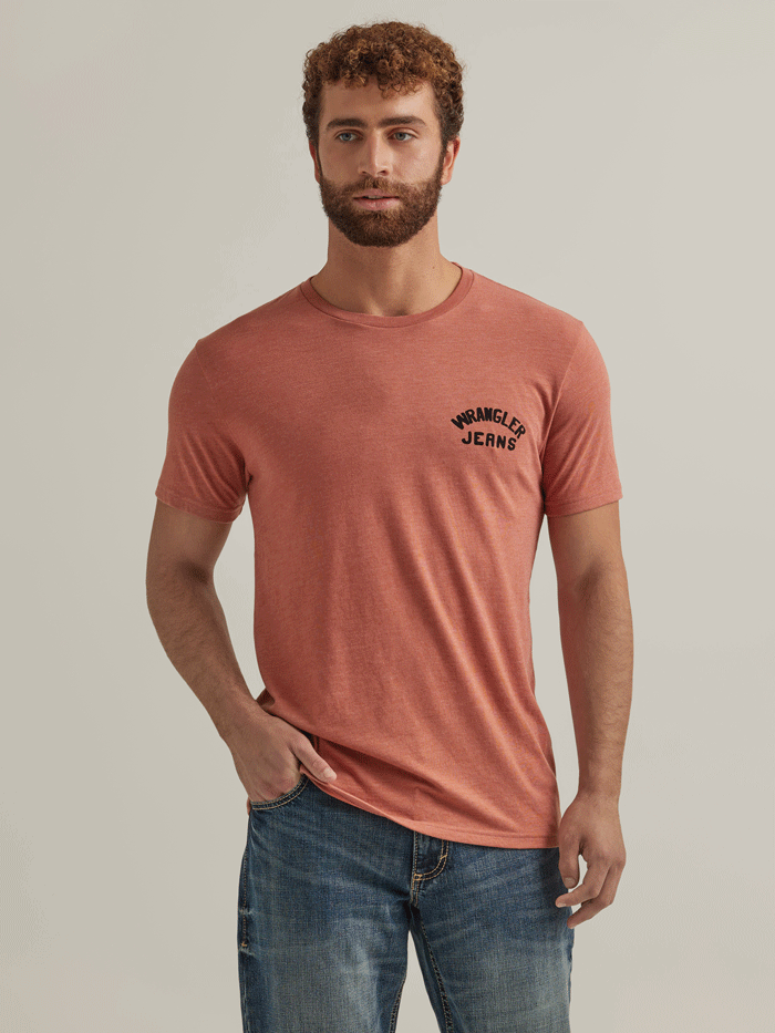 Wrangler 112344157 Mens Cowboy Jeans Graphic T-Shirt Redwood Heather back view. If you need any assistance with this item or the purchase of this item please call us at five six one seven four eight eight eight zero one Monday through Saturday 10:00a.m EST to 8:00 p.m EST