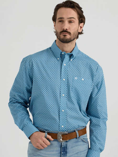 Wrangler 112344263 Long Sleeve Relaxed Fit Western Shirt Blue front view. If you need any assistance with this item or the purchase of this item please call us at five six one seven four eight eight eight zero one Monday through Saturday 10:00a.m EST to 8:00 p.m EST