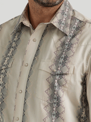 Wrangler 112344418 Mens Checotah Western Long Sleeve Shirt Tan close up view of front. If you need any assistance with this item or the purchase of this item please call us at five six one seven four eight eight eight zero one Monday through Saturday 10:00a.m EST to 8:00 p.m EST