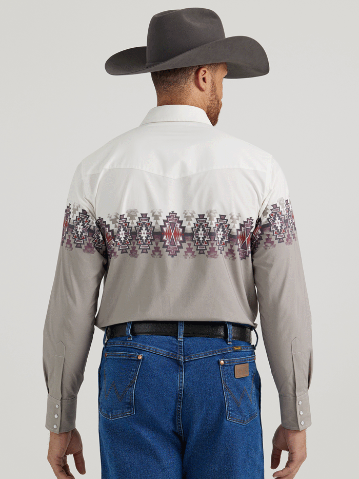 Wrangler 112344420 Mens Checotah Western Long Sleeve Shirt White And Grey front view. If you need any assistance with this item or the purchase of this item please call us at five six one seven four eight eight eight zero one Monday through Saturday 10:00a.m EST to 8:00 p.m EST