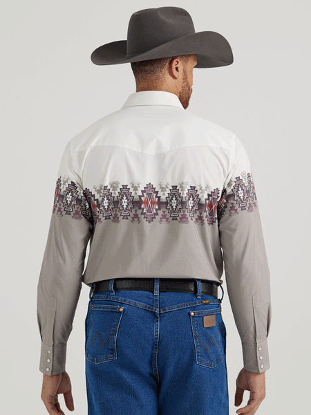Wrangler 112344420 Mens Checotah Western Long Sleeve Shirt White And Grey back view. If you need any assistance with this item or the purchase of this item please call us at five six one seven four eight eight eight zero one Monday through Saturday 10:00a.m EST to 8:00 p.m EST