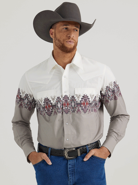 Wrangler 112344420 Mens Checotah Western Long Sleeve Shirt White And Grey front view. If you need any assistance with this item or the purchase of this item please call us at five six one seven four eight eight eight zero one Monday through Saturday 10:00a.m EST to 8:00 p.m EST