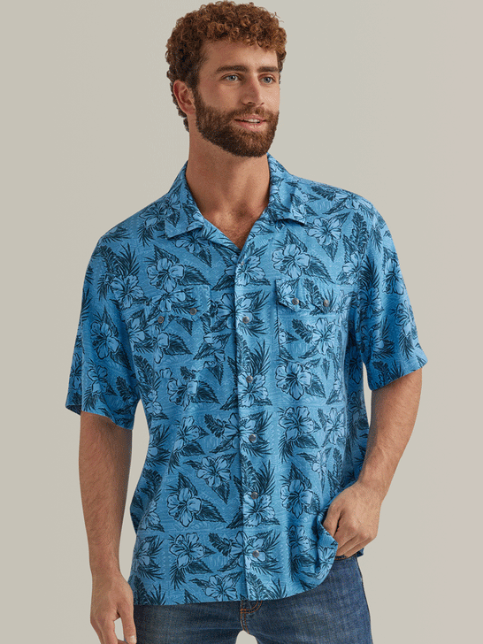 Wrangler 112344429 Mens Coconut Cowboy Short Sleeve Shirt Blue front view. If you need any assistance with this item or the purchase of this item please call us at five six one seven four eight eight eight zero one Monday through Saturday 10:00a.m EST to 8:00 p.m EST