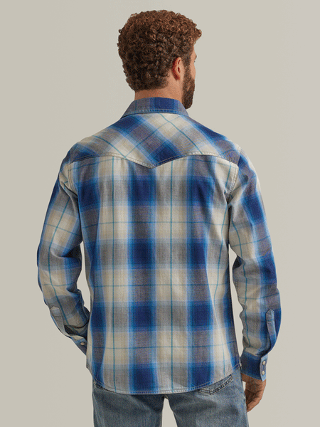 Wrangler 112344559 Mens Retro Premium Long Sleeve Shirt Blue back view. If you need any assistance with this item or the purchase of this item please call us at five six one seven four eight eight eight zero one Monday through Saturday 10:00a.m EST to 8:00 p.m EST