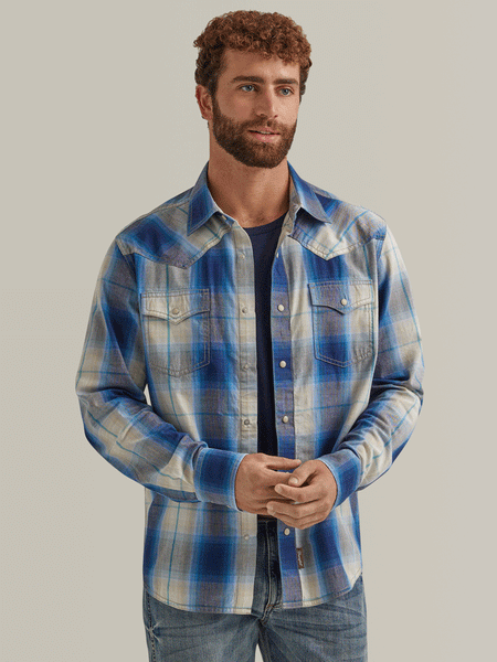 Wrangler 112344559 Mens Retro Premium Long Sleeve Shirt Blue front view. If you need any assistance with this item or the purchase of this item please call us at five six one seven four eight eight eight zero one Monday through Saturday 10:00a.m EST to 8:00 p.m EST