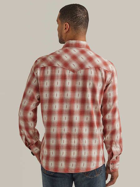 Wrangler 112344563 Mens Retro Premium Long Sleeve Shirt Rust back view. If you need any assistance with this item or the purchase of this item please call us at five six one seven four eight eight eight zero one Monday through Saturday 10:00a.m EST to 8:00 p.m EST