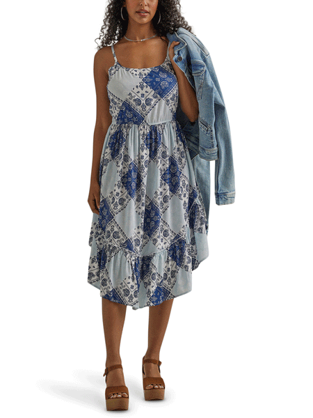 Wrangler 112344648 Womens Retro Pointed Hem Flowy Dress Blue front view. If you need any assistance with this item or the purchase of this item please call us at five six one seven four eight eight eight zero one Monday through Saturday 10:00a.m EST to 8:00 p.m EST