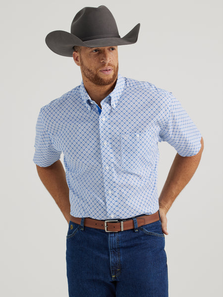 Wrangler 112344896 Mens George Strait Collection Short Sleeve Western Shirt Blue front view. If you need any assistance with this item or the purchase of this item please call us at five six one seven four eight eight eight zero one Monday through Saturday 10:00a.m EST to 8:00 p.m EST