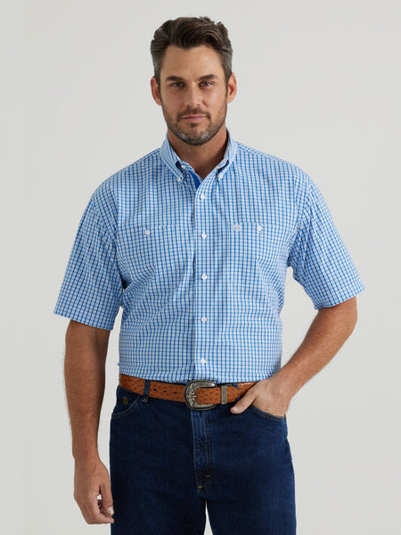 Wrangler 112344898 Mens George Strait Collection Short Sleeve Western Shirt Blue front view. If you need any assistance with this item or the purchase of this item please call us at five six one seven four eight eight eight zero one Monday through Saturday 10:00a.m EST to 8:00 p.m EST
