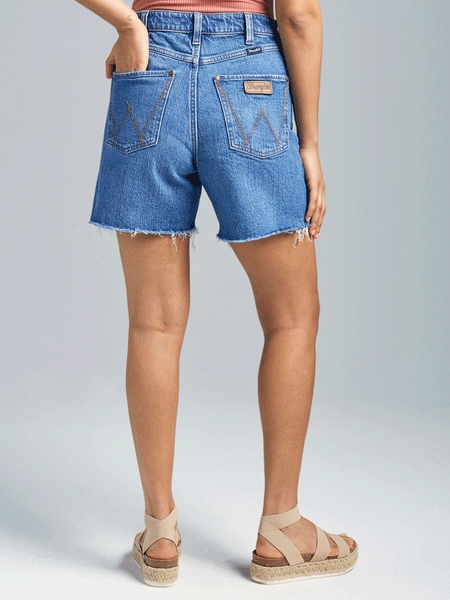 Wrangler 112344957 Womens Retro High Rise Cut-Off Shorts Denim Blue back view. If you need any assistance with this item or the purchase of this item please call us at five six one seven four eight eight eight zero one Monday through Saturday 10:00a.m EST to 8:00 p.m EST