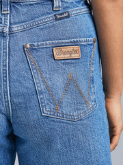 Wrangler 112344957 Womens Retro High Rise Cut-Off Shorts Denim Blue bacl pocket close up view. If you need any assistance with this item or the purchase of this item please call us at five six one seven four eight eight eight zero one Monday through Saturday 10:00a.m EST to 8:00 p.m EST