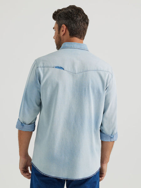 Wrangler 112345087 Mens Vintage-Inspired Western Snap Workshirt Light Wash back view. If you need any assistance with this item or the purchase of this item please call us at five six one seven four eight eight eight zero one Monday through Saturday 10:00a.m EST to 8:00 p.m EST