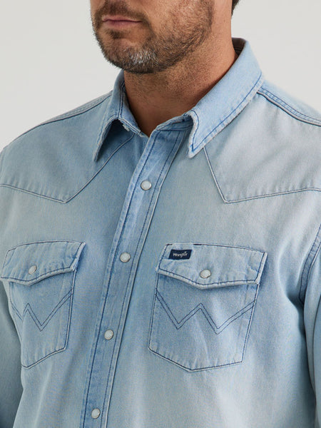Wrangler 112345087 Mens Vintage-Inspired Western Snap Workshirt Light Wash front close up. If you need any assistance with this item or the purchase of this item please call us at five six one seven four eight eight eight zero one Monday through Saturday 10:00a.m EST to 8:00 p.m EST