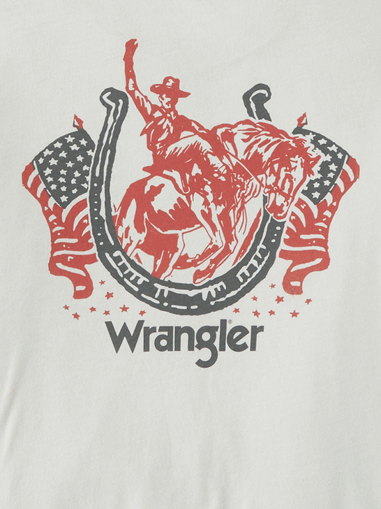 Wrangler 112347247 Kids USA Cowboy Tee Lunar Rock back graphic close up view. If you need any assistance with this item or the purchase of this item please call us at five six one seven four eight eight eight zero one Monday through Saturday 10:00a.m EST to 8:00 p.m EST