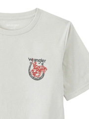 Wrangler 112347247 Kids USA Cowboy Tee Lunar Rock close up view of front graphic. If you need any assistance with this item or the purchase of this item please call us at five six one seven four eight eight eight zero one Monday through Saturday 10:00a.m EST to 8:00 p.m EST
