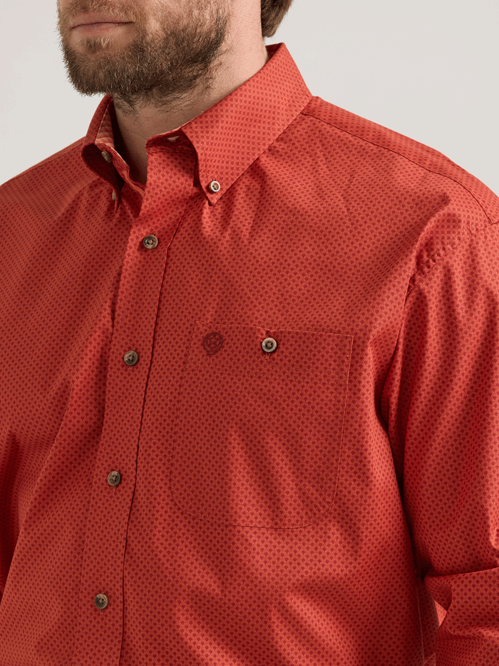 Wrangler 112352713 Mens George Strait Collection Long Sleeve Shirt Scarlet Deco front view. If you need any assistance with this item or the purchase of this item please call us at five six one seven four eight eight eight zero one Monday through Saturday 10:00a.m EST to 8:00 p.m EST