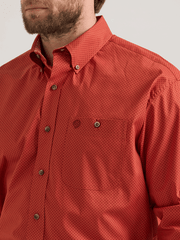 Wrangler 112352713 Mens George Strait Collection Long Sleeve Shirt Scarlet Deco front close up view. If you need any assistance with this item or the purchase of this item please call us at five six one seven four eight eight eight zero one Monday through Saturday 10:00a.m EST to 8:00 p.m EST