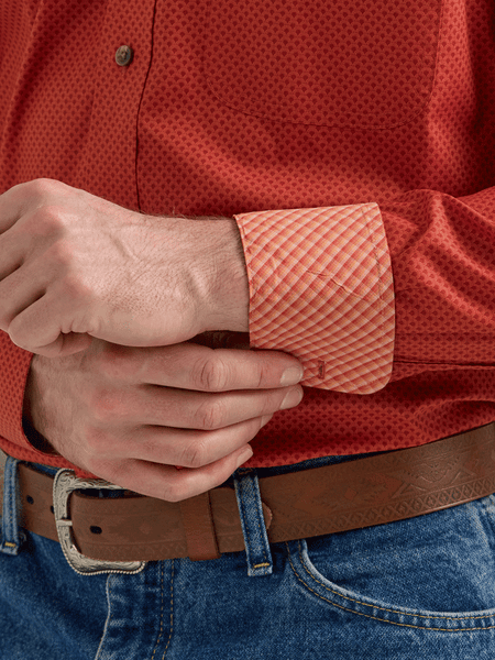 Wrangler 112352713 Mens George Strait Collection Long Sleeve Shirt Scarlet Deco contrast cuff.If you need any assistance with this item or the purchase of this item please call us at five six one seven four eight eight eight zero one Monday through Saturday 10:00a.m EST to 8:00 p.m EST