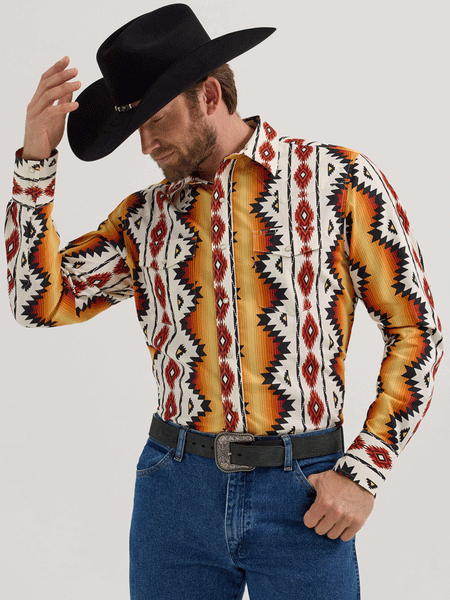 Wrangler 112355378 Mens Checotah Long Sleeve Western Shirt Gold front view. If you need any assistance with this item or the purchase of this item please call us at five six one seven four eight eight eight zero one Monday through Saturday 10:00a.m EST to 8:00 p.m EST

