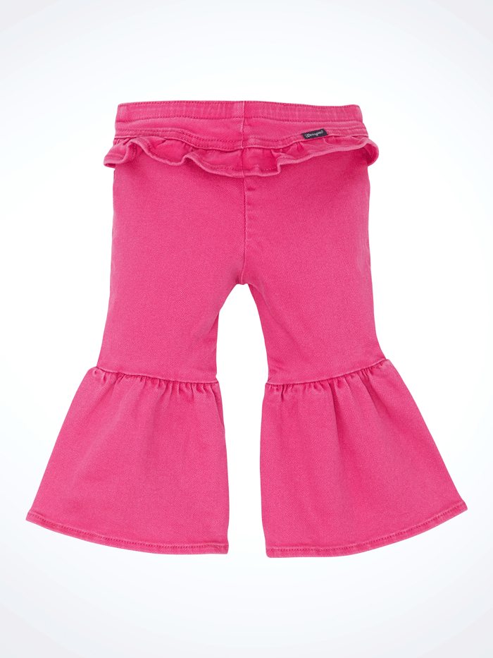 Wrangler 112356591 Infants Ruffle Leg Flare Jean Fuchsia front view. If you need any assistance with this item or the purchase of this item please call us at five six one seven four eight eight eight zero one Monday through Saturday 10:00a.m EST to 8:00 p.m EST