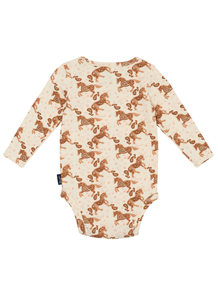 Wrangler 112359425 Infants Paisley Horse Print Bodysuit Beige front view. If you need any assistance with this item or the purchase of this item please call us at five six one seven four eight eight eight zero one Monday through Saturday 10:00a.m EST to 8:00 p.m EST