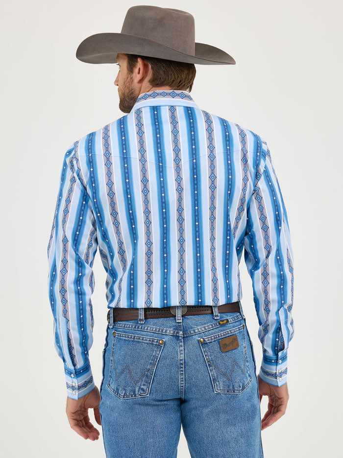 Wrangler 112359439 Mens Checotah Long Sleeve Classic Fit Western Shirt Blue front view. If you need any assistance with this item or the purchase of this item please call us at five six one seven four eight eight eight zero one Monday through Saturday 10:00a.m EST to 8:00 p.m EST