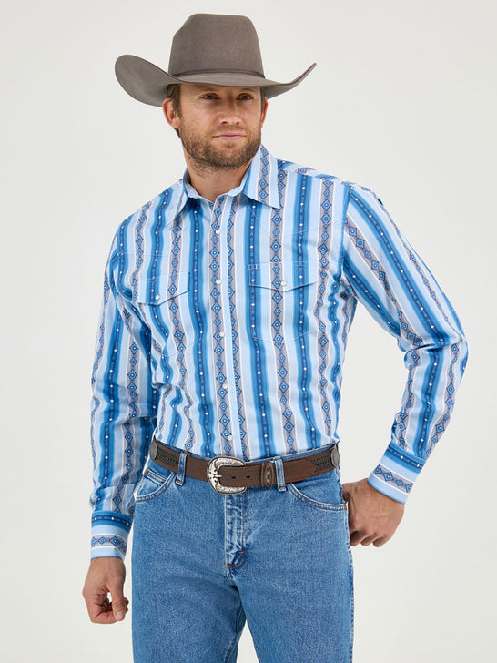 Wrangler 112359439 Mens Checotah Long Sleeve Classic Fit Western Shirt Blue front view. If you need any assistance with this item or the purchase of this item please call us at five six one seven four eight eight eight zero one Monday through Saturday 10:00a.m EST to 8:00 p.m EST