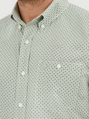 Wrangler 112359455 Mens Long Sleeve Relaxed Fit Western Shirt Green front close up. If you need any assistance with this item or the purchase of this item please call us at five six one seven four eight eight eight zero one Monday through Saturday 10:00a.m EST to 8:00 p.m EST