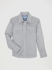 Wrangler 112359541 Kids 20X Advanced Comfort Long Sleeve Shirt Light Blue front view. If you need any assistance with this item or the purchase of this item please call us at five six one seven four eight eight eight zero one Monday through Saturday 10:00a.m EST to 8:00 p.m EST