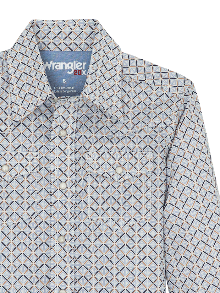 Wrangler 112359541 Kids 20X Advanced Comfort Long Sleeve Shirt Light Blue front view. If you need any assistance with this item or the purchase of this item please call us at five six one seven four eight eight eight zero one Monday through Saturday 10:00a.m EST to 8:00 p.m EST