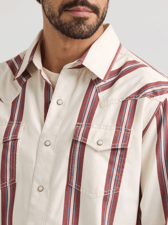 Wrangler 112359922 Mens Retro Premium Long Sleeve Stripe Shirt Cream front close up view. If you need any assistance with this item or the purchase of this item please call us at five six one seven four eight eight eight zero one Monday through Saturday 10:00a.m EST to 8:00 p.m EST