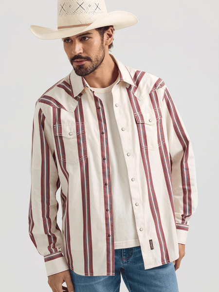 Wrangler 112359922 Mens Retro Premium Long Sleeve Stripe Shirt Cream front view. If you need any assistance with this item or the purchase of this item please call us at five six one seven four eight eight eight zero one Monday through Saturday 10:00a.m EST to 8:00 p.m EST