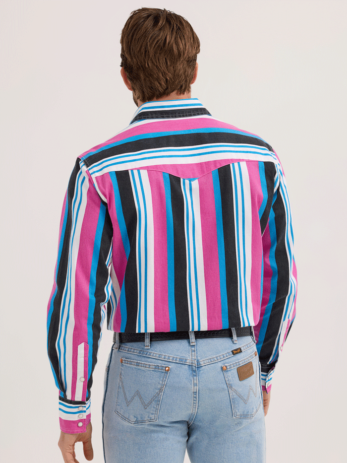 Wrangler 112360074 Mens Vintage Inspired Brushpopper Stripe Shirt Pink front view. If you need any assistance with this item or the purchase of this item please call us at five six one seven four eight eight eight zero one Monday through Saturday 10:00a.m EST to 8:00 p.m EST