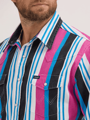 Wrangler 112360074 Mens Vintage Inspired Brushpopper Stripe Shirt Pink front close up view. If you need any assistance with this item or the purchase of this item please call us at five six one seven four eight eight eight zero one Monday through Saturday 10:00a.m EST to 8:00 p.m EST