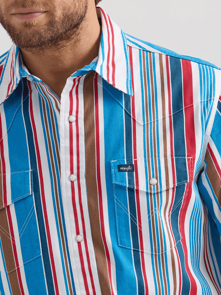 Wrangler 112360106 Mens Vintage Inspired Brushpopper Stripe Shirt Multicolor front close up view. If you need any assistance with this item or the purchase of this item please call us at five six one seven four eight eight eight zero one Monday through Saturday 10:00a.m EST to 8:00 p.m EST