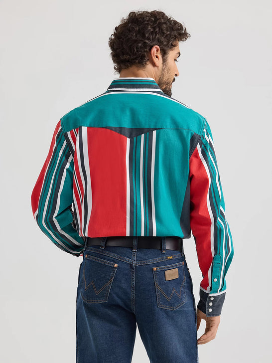 Wrangler 112360107 Mens Vintage Inspired Brushpopper Stripe Shirt Primary Red back view. If you need any assistance with this item or the purchase of this item please call us at five six one seven four eight eight eight zero one Monday through Saturday 10:00a.m EST to 8:00 p.m EST