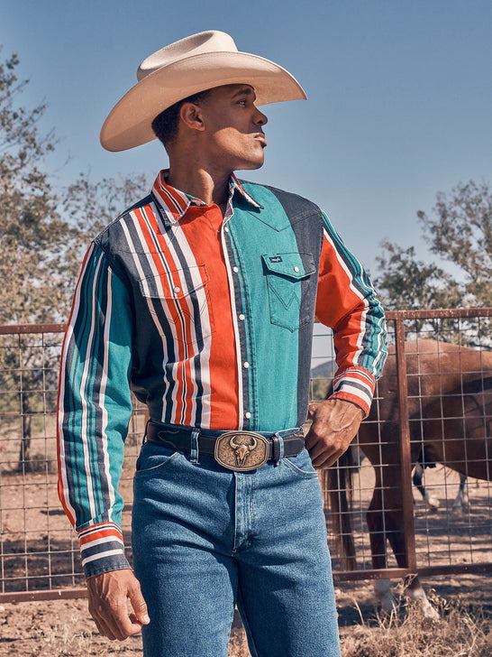 Wrangler 112360107 Mens Vintage Inspired Brushpopper Stripe Shirt Primary Red front view. If you need any assistance with this item or the purchase of this item please call us at five six one seven four eight eight eight zero one Monday through Saturday 10:00a.m EST to 8:00 p.m EST